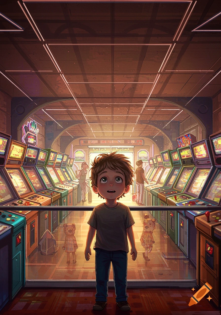 A young boy looks up in a brightly lit arcade full of games.
