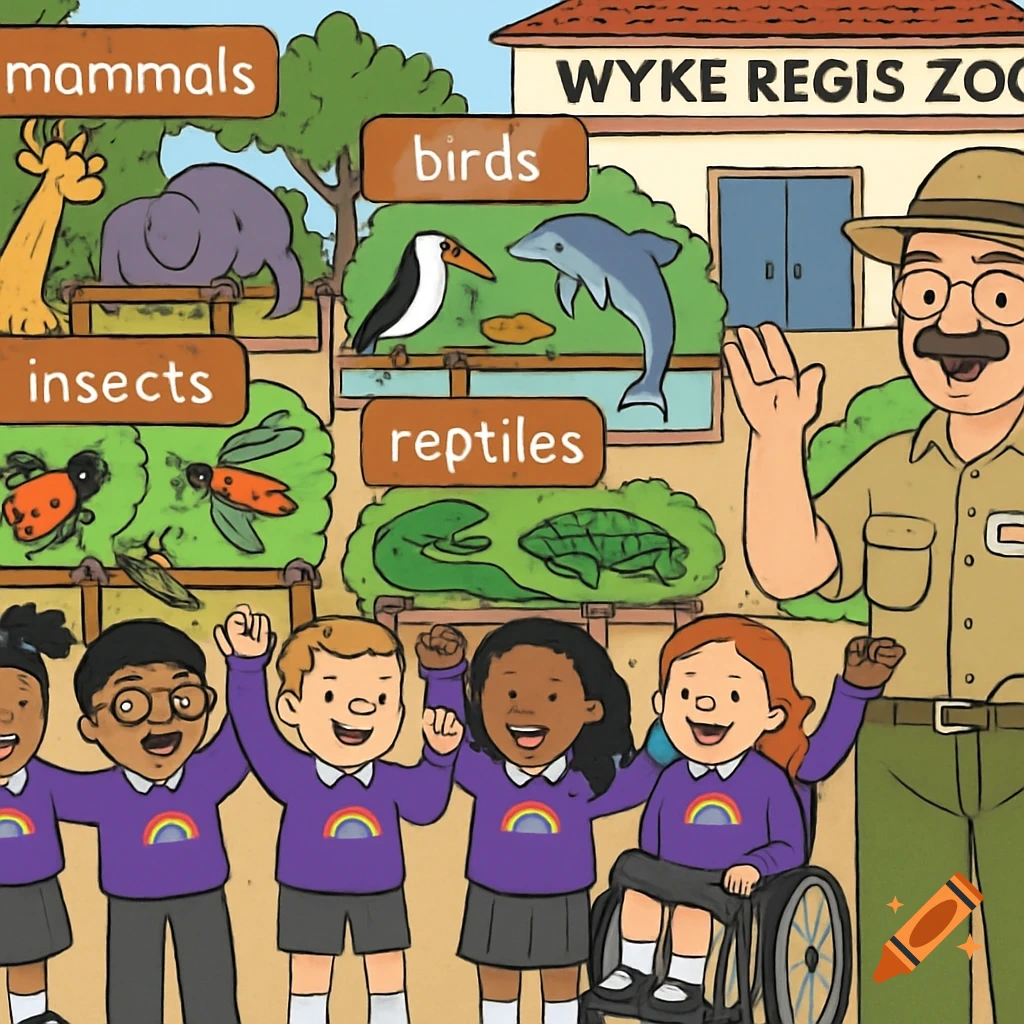 A cartoon of diverse school children and a zoologist at a zoo with animal enclosures.