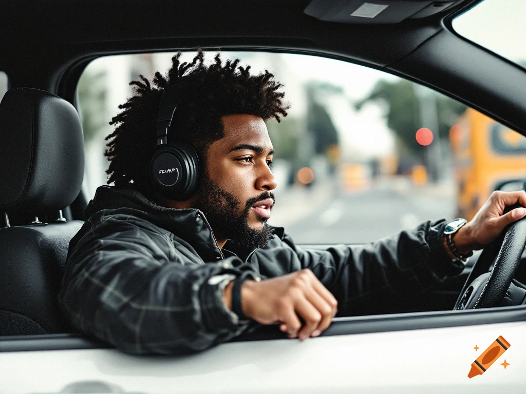 Man driving a car wearing headphones