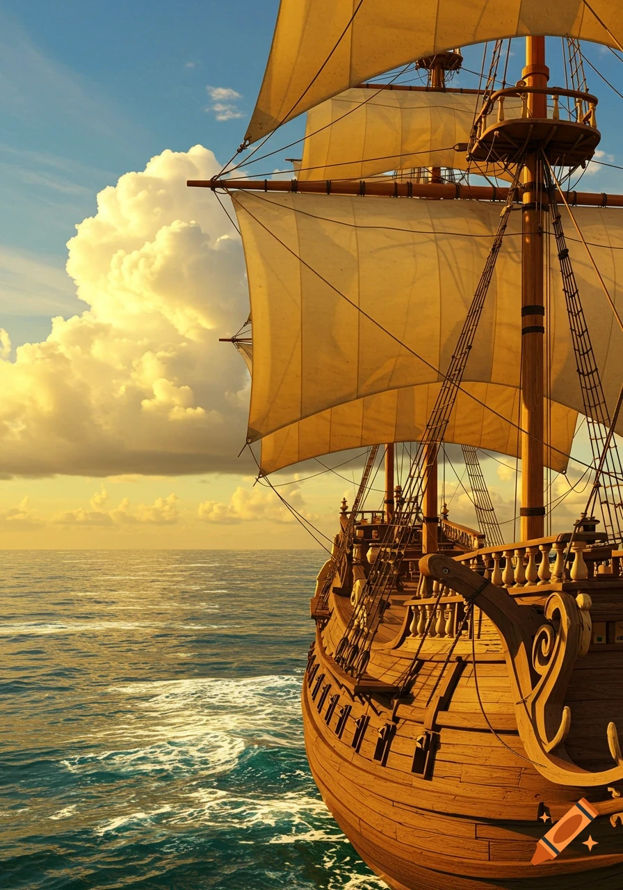 Large wooden sailing ship with full sails on the ocean at sunset with dramatic clouds.