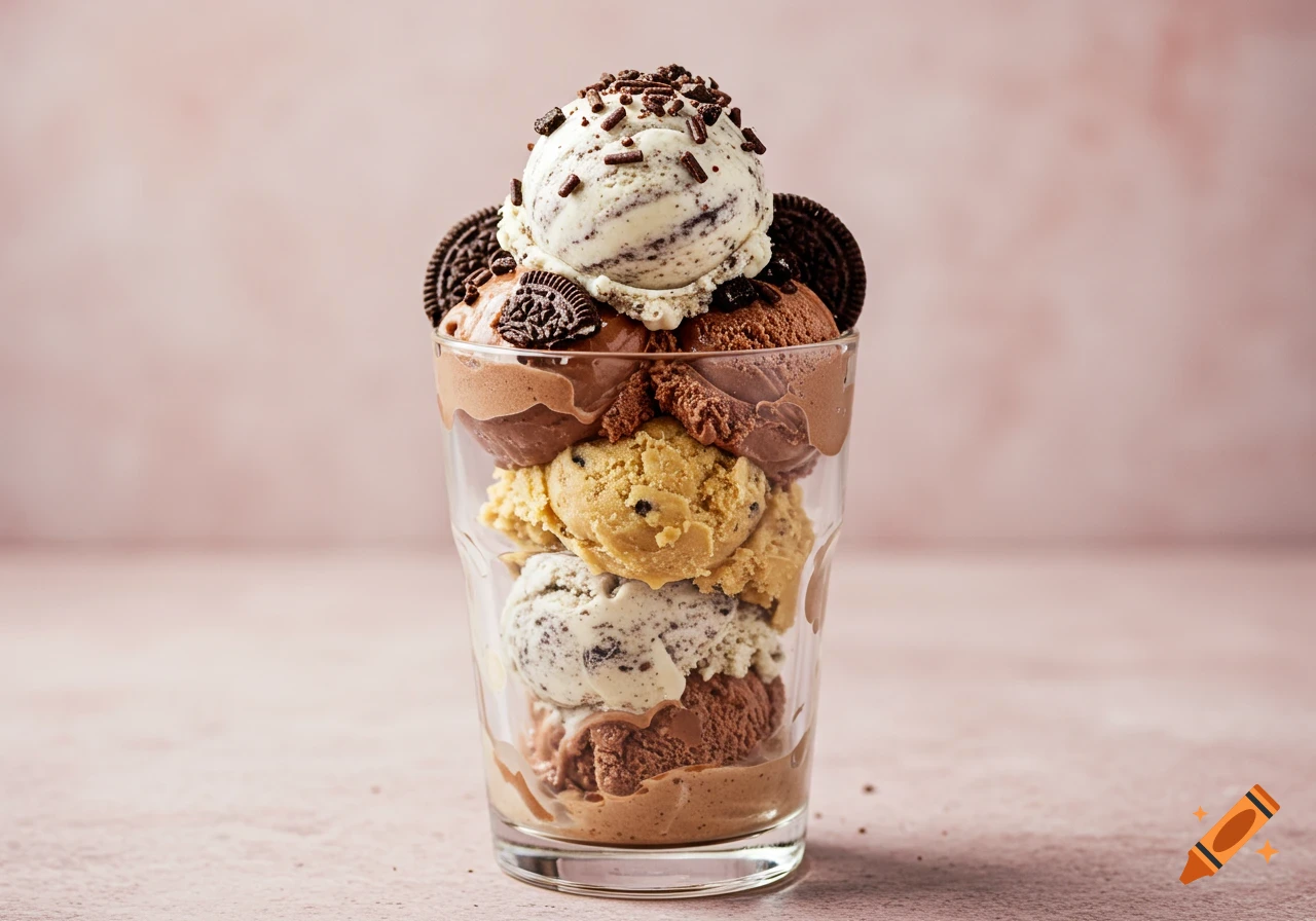 A tall glass layered with scoops of chocolate, cookie dough, and cookies and cream ice cream, topped with sprinkles and cookies.