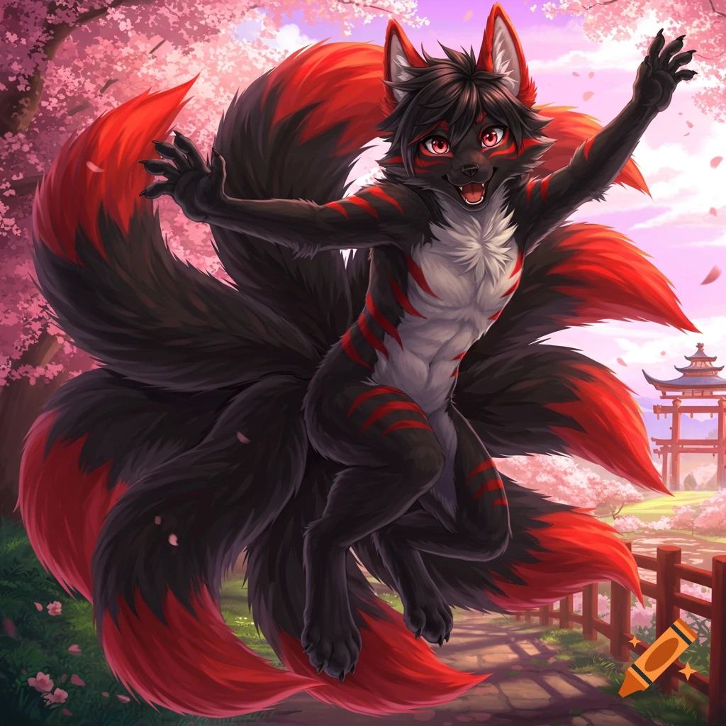 A black and red furry kitsune jumps joyfully in a cherry blossom forest path with a Japanese gate in the background, anime style.