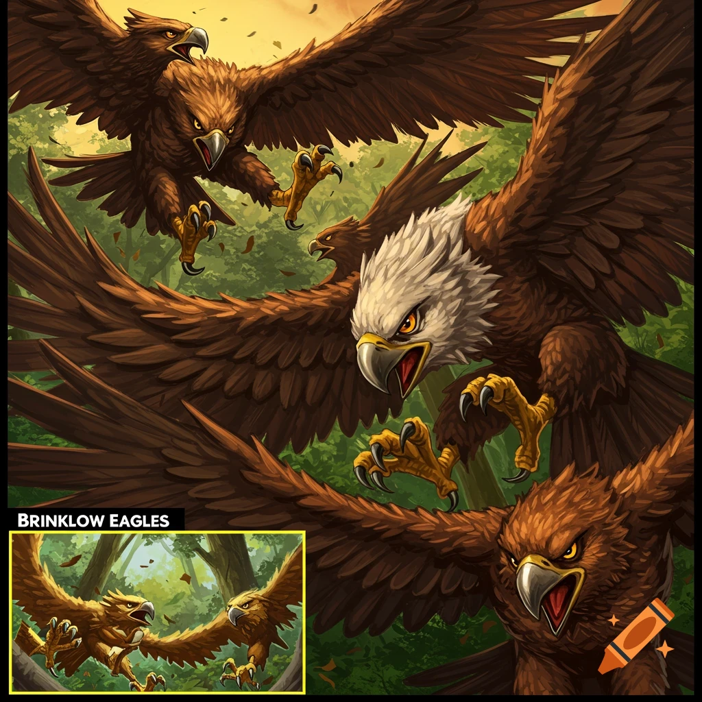 Several aggressive brown and white eagles with talons extended fly in a forest. Illustration.
