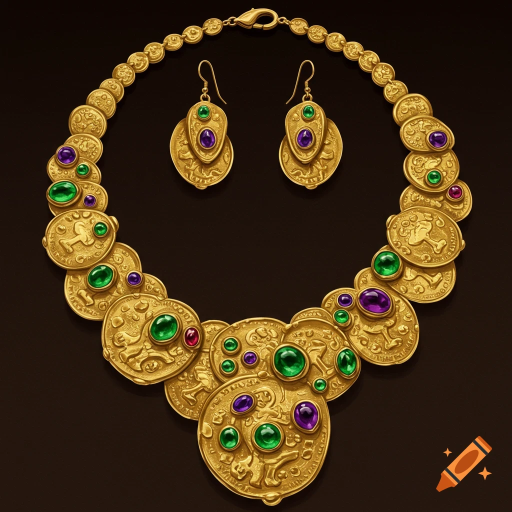 Gold necklace and earrings with coin-like links and green and purple gems on a dark background.