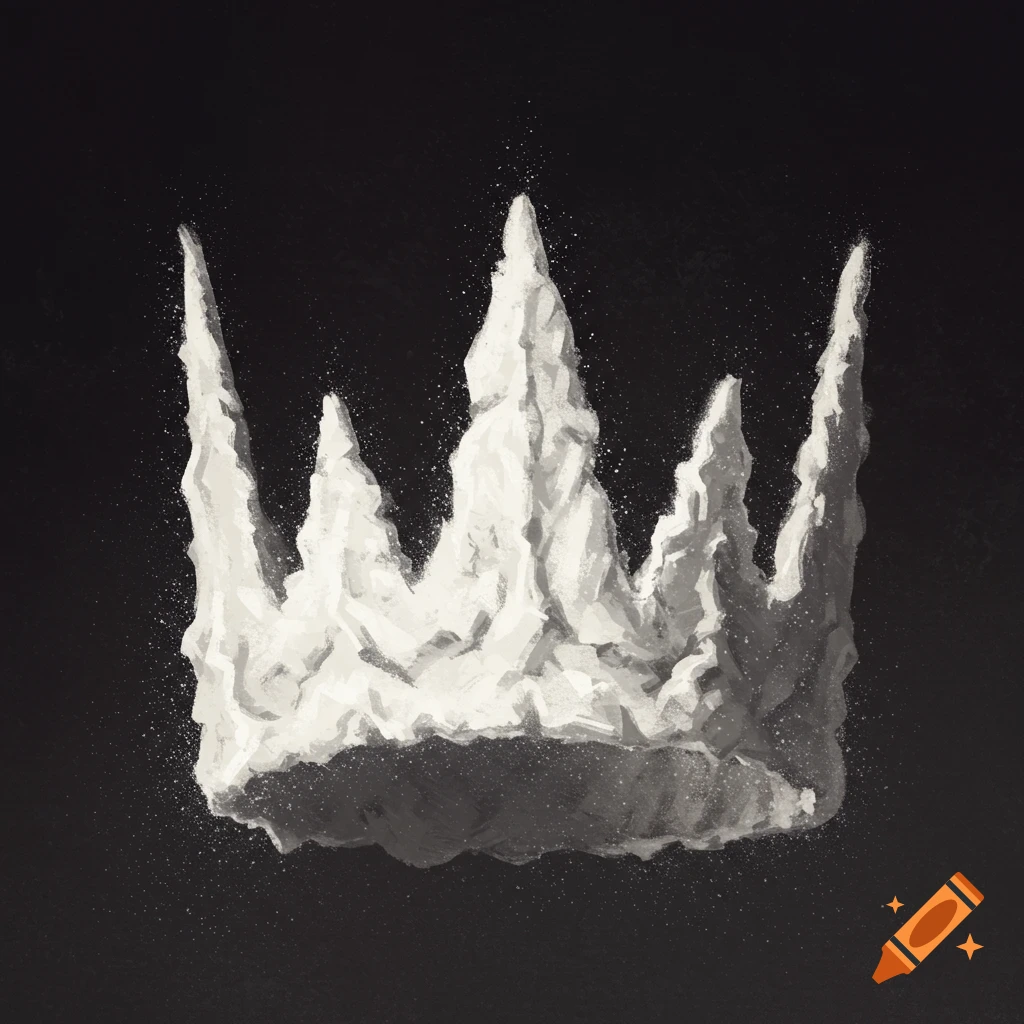 A rugged white crown made of textured material on a dark background.