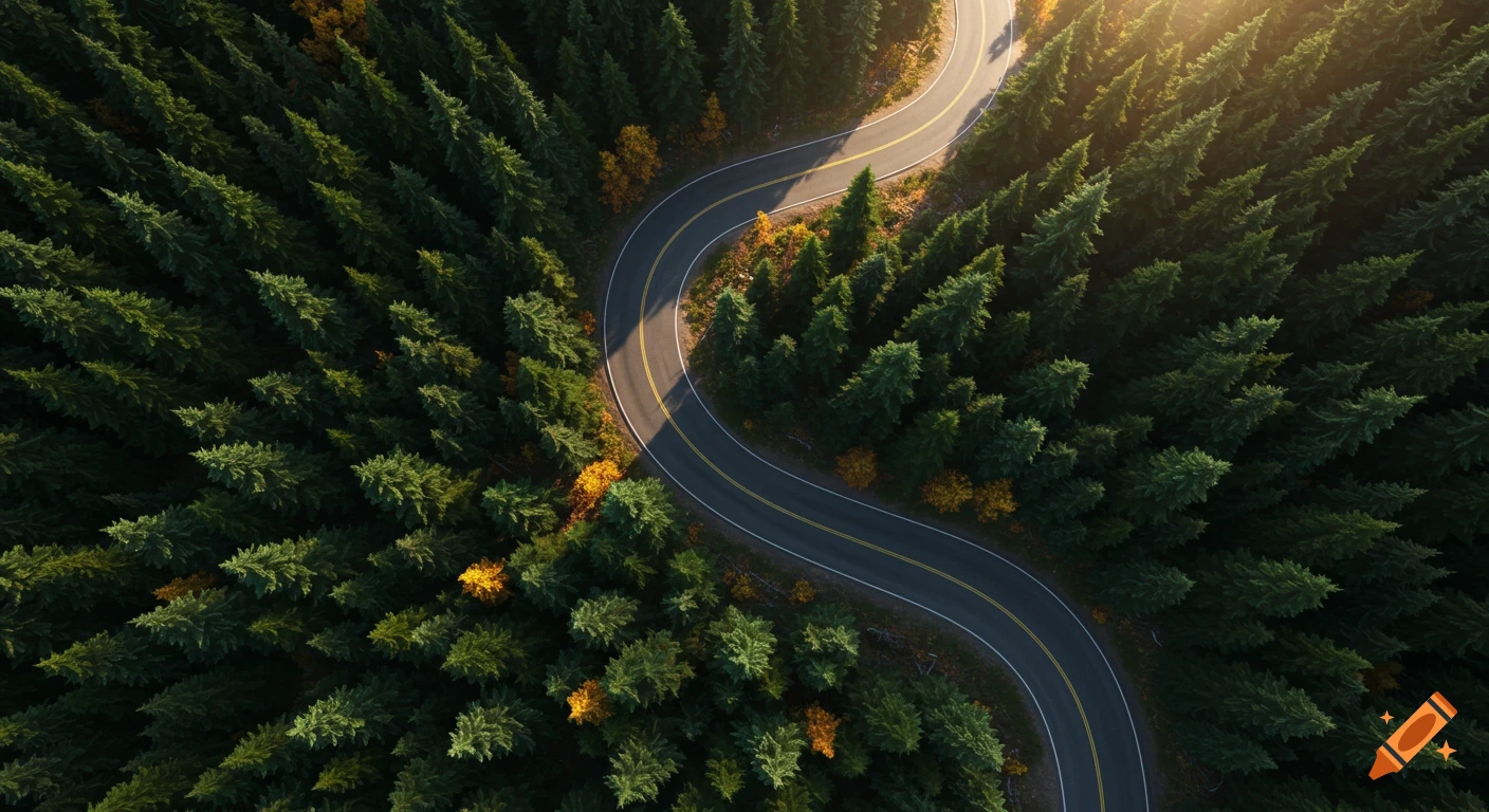 Aerial view of a winding road through a dense forest with some autumn colors, illuminated by sunlight.
