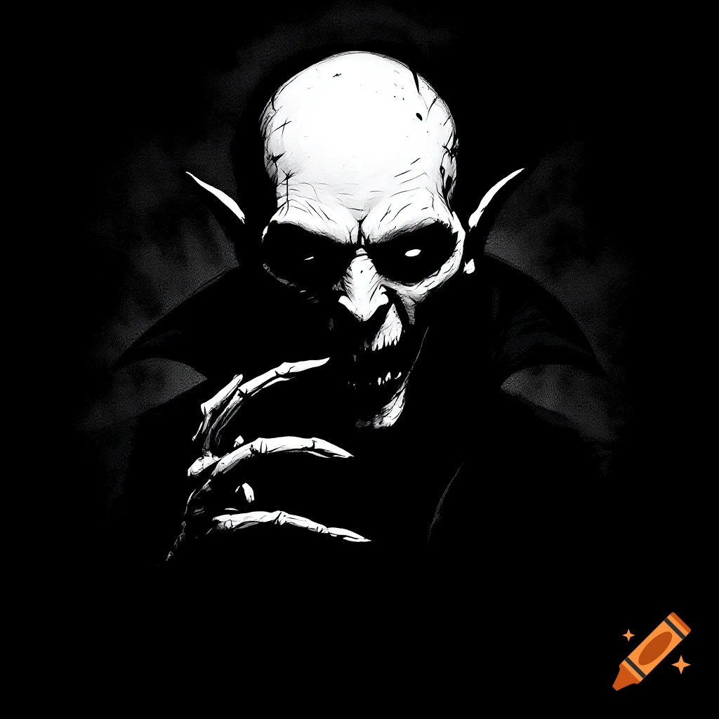 Stylized black and white illustration of a Nosferatu-like vampire with sharp teeth and clawed hands on a black background.