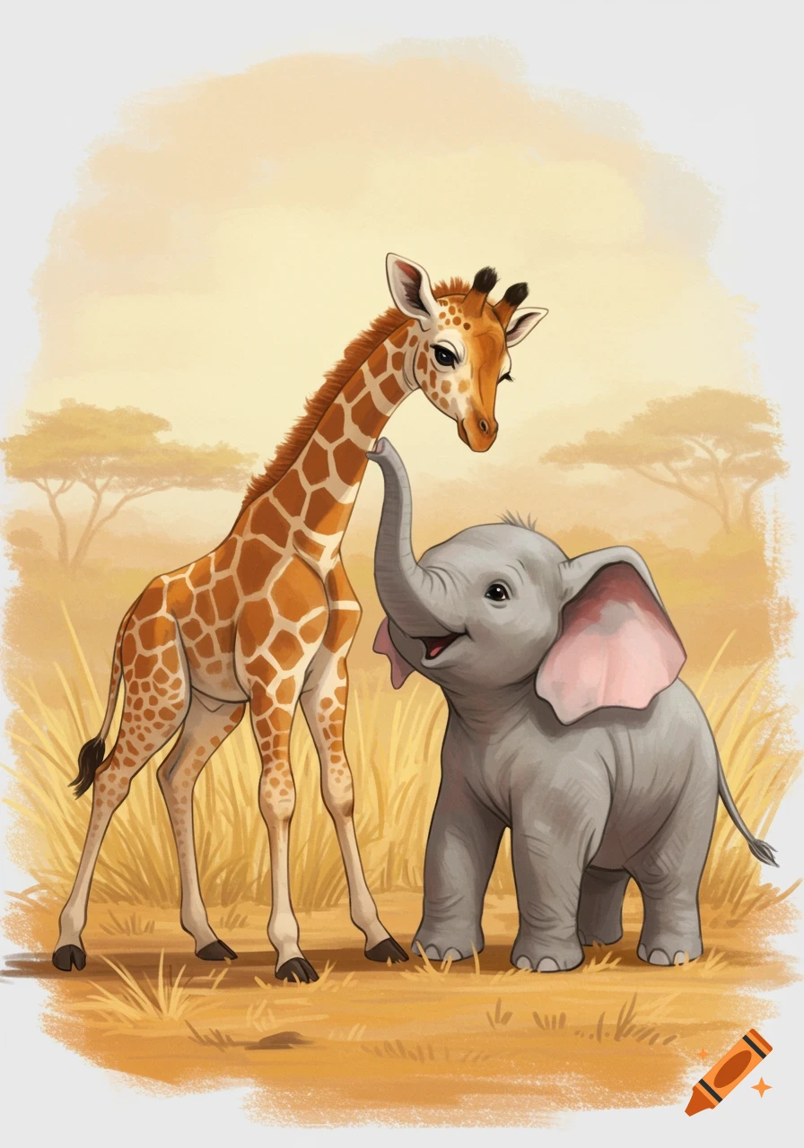 Cute illustration of a baby giraffe and baby elephant in a savanna.