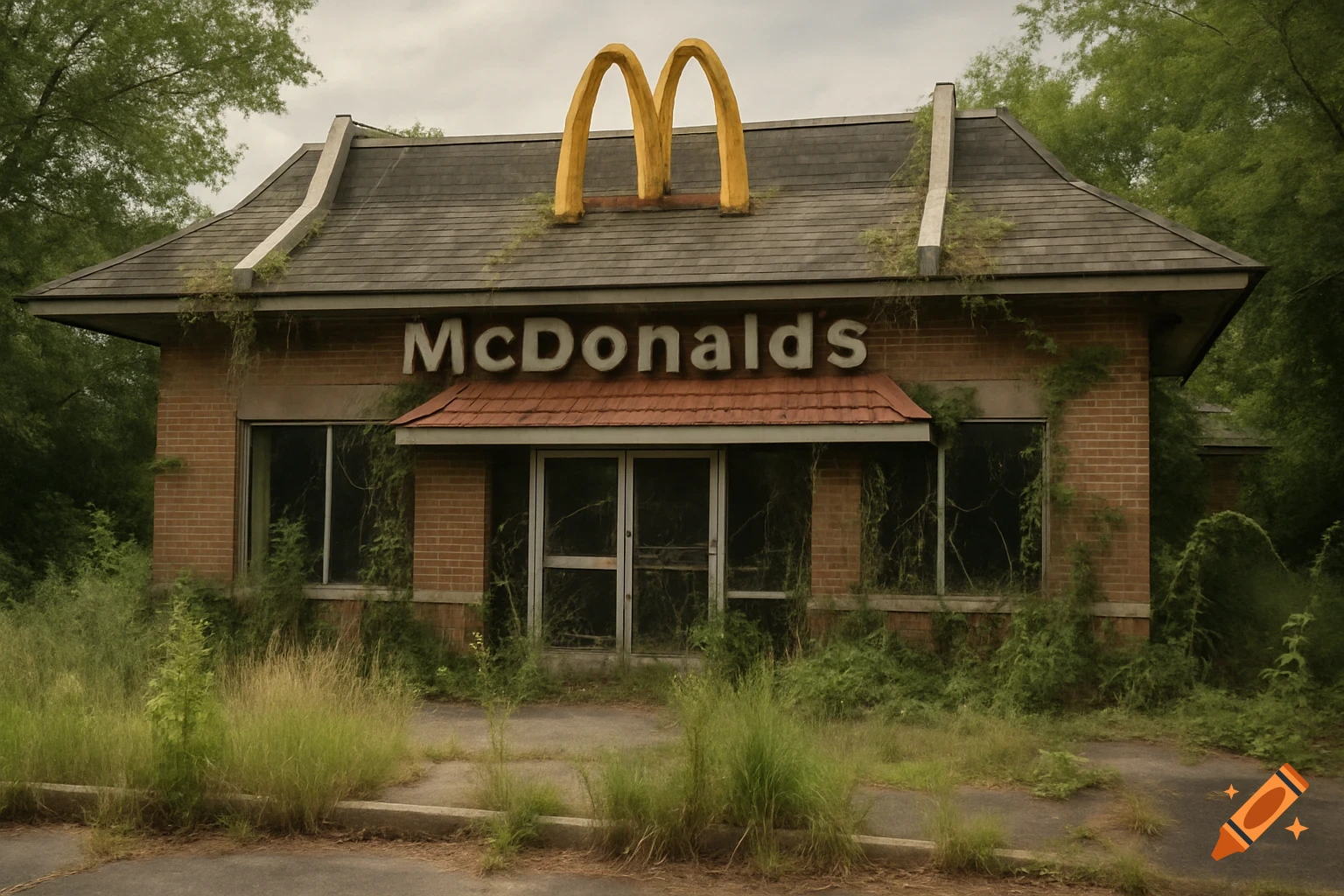 An abandoned McDonald's building covered in overgrowth.