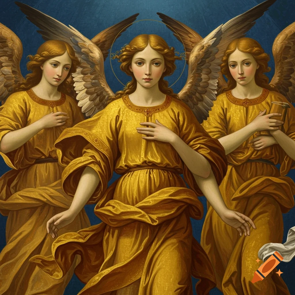 Three angels in golden robes, renaissance style painting.