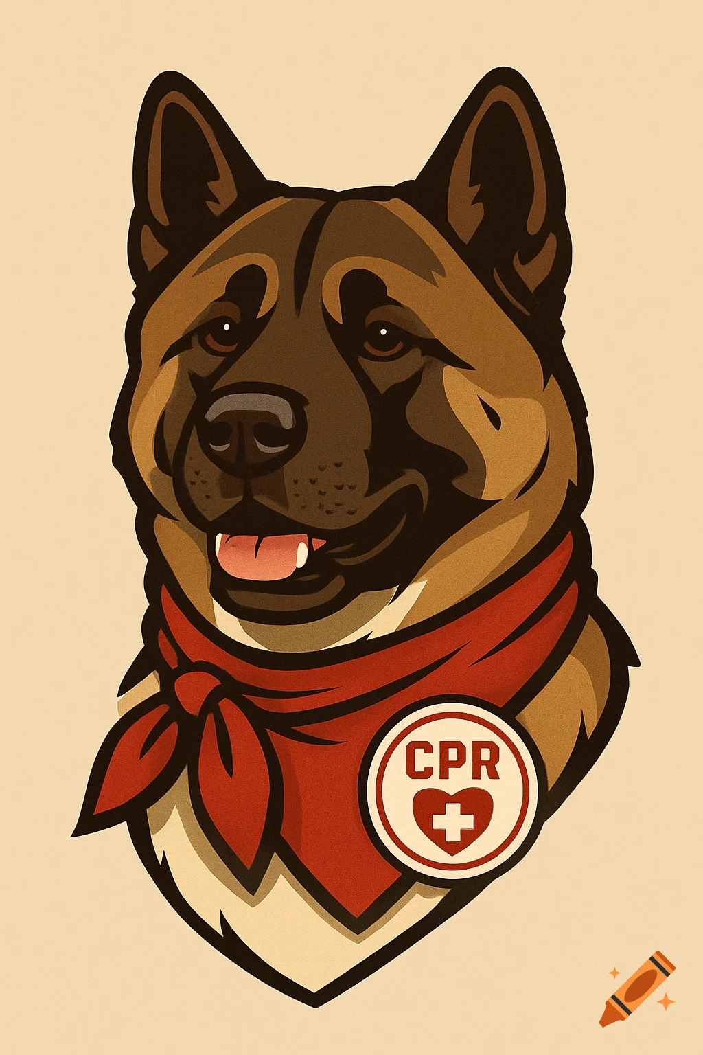 Vector illustration of an American Akita wearing a red bandana and a CPR badge.