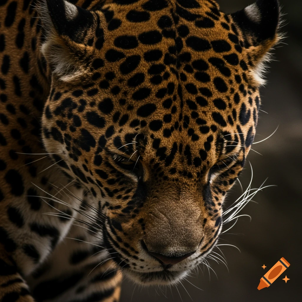 Close-up photorealistic image of a jaguar's face with its head bowed.