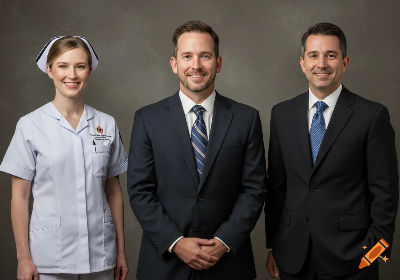 A nurse and two men in suits pose for a professional photo.