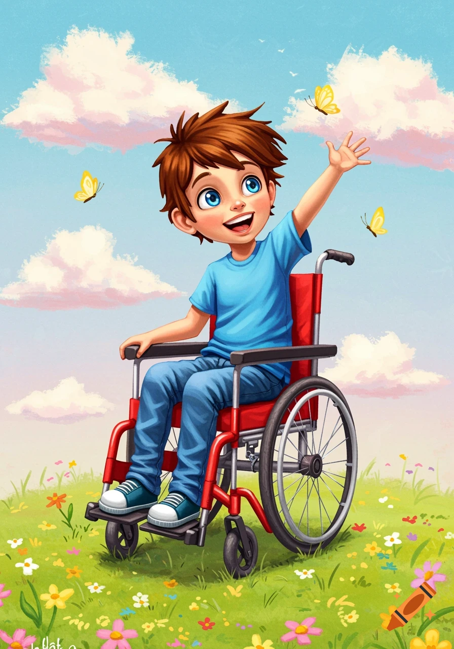 A cartoon boy in a wheelchair smiles and waves at butterflies in a field of flowers.
