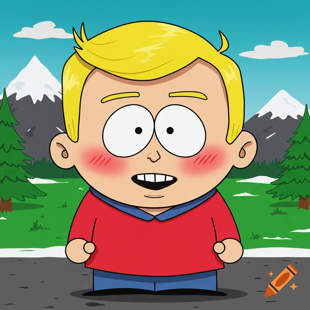 Cartoon character in the style of South Park, blond hair, red shirt, blushing, outdoor landscape.