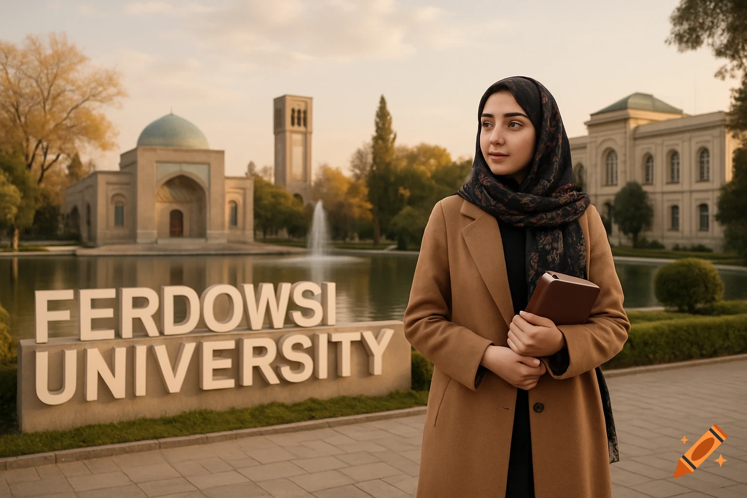 A woman in a hijab and coat stands with a book in front of a university sign and building at sunset, photorealistic.
