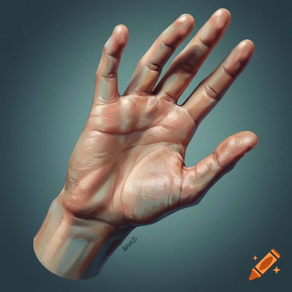 A detailed painting of an open hand.