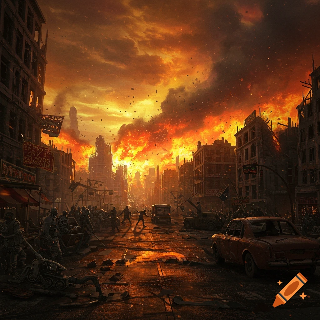 A street in a destroyed city is consumed by fire and smoke during an apocalypse.