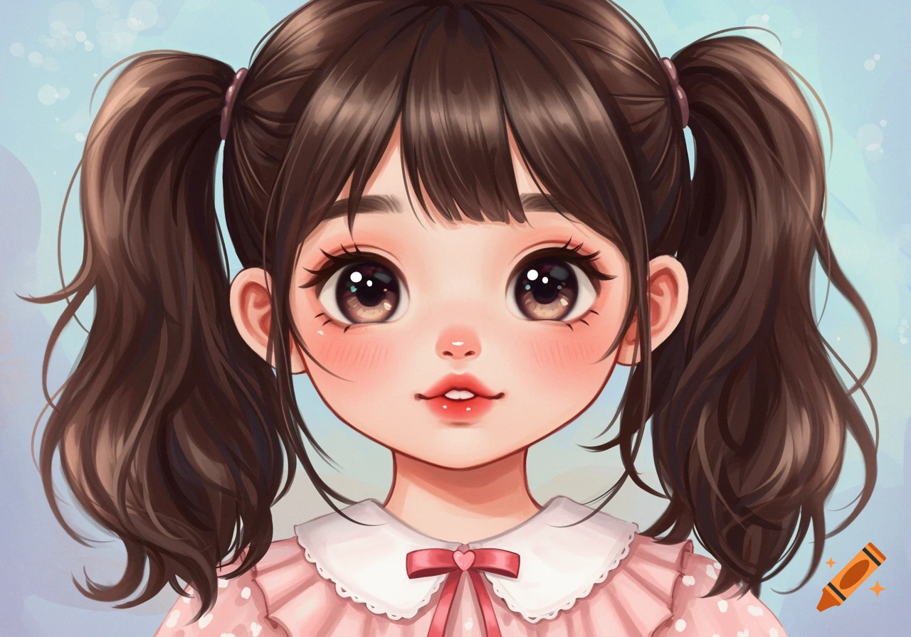 Illustration of a cute girl with pigtails and big eyes. on Craiyon