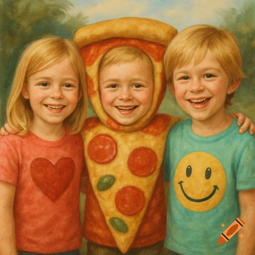Three smiling kids, one in a pizza costume, one with a heart shirt, one with a smiley face shirt