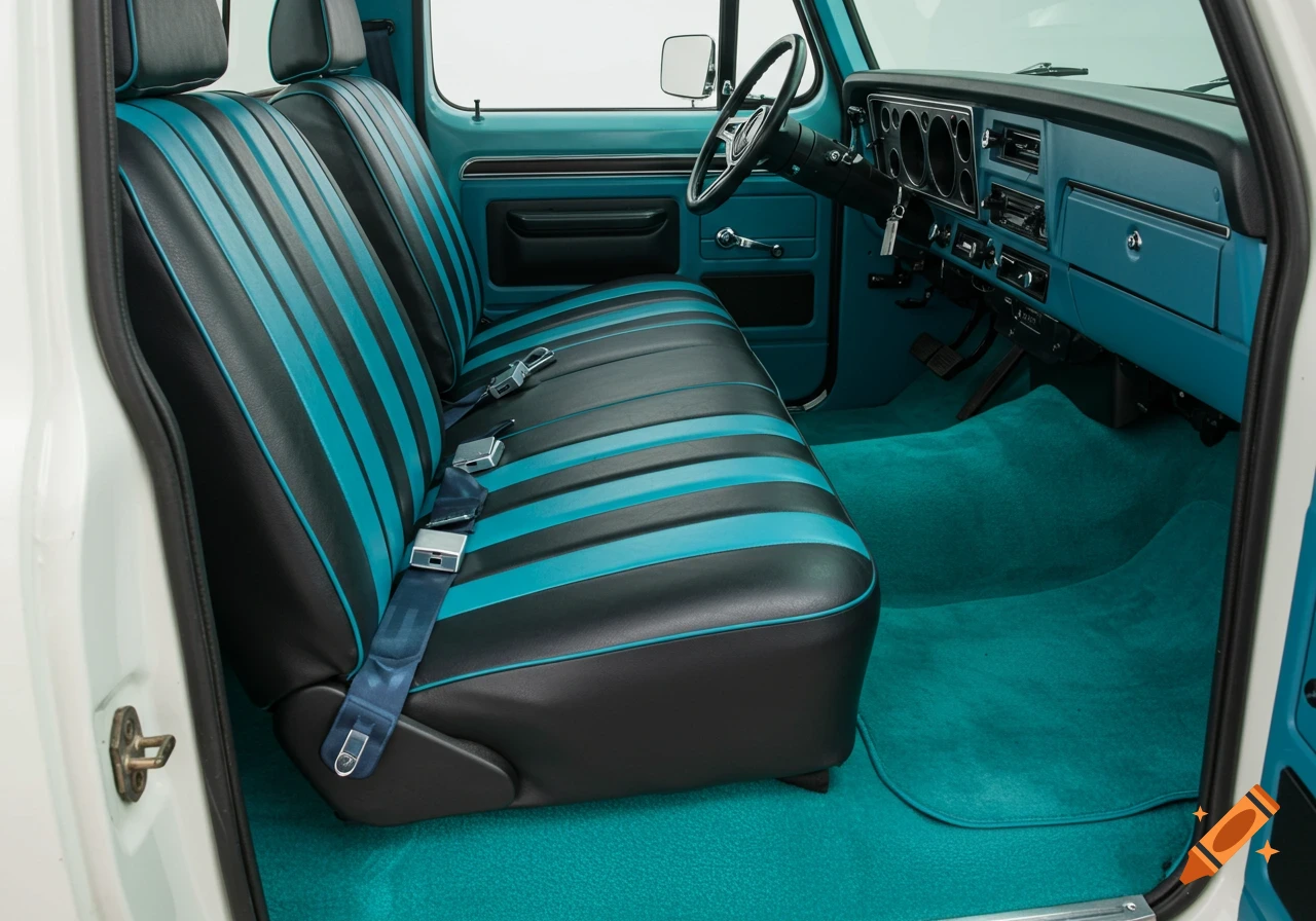 Interior view of a vintage truck with black seats featuring blue stripes and aqua/teal carpet.