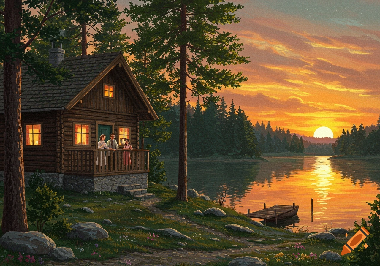 Log cabin by a lake with a family on the porch at sunset. on Craiyon