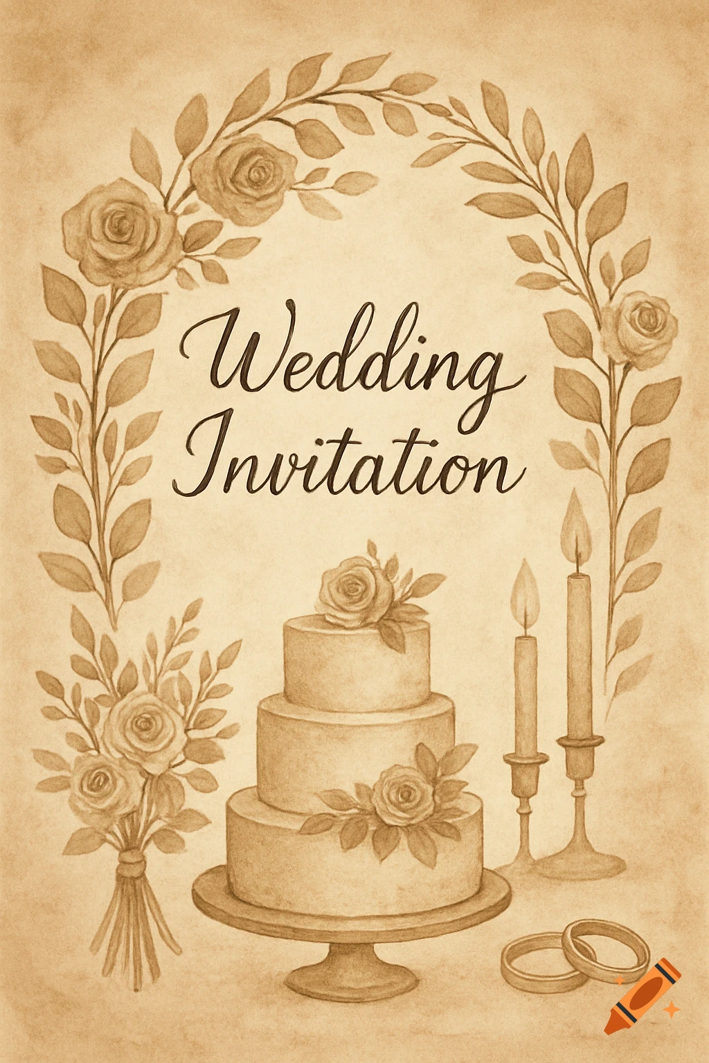 Watercolor illustration of a vintage wedding invitation with cake, rings, floral wreath, bouquet, and candles.