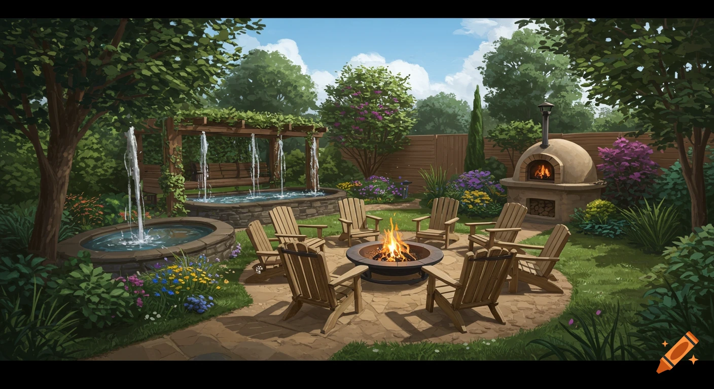 Stylized illustration of a lush backyard garden with a firepit, chairs, fountains, and pizza oven.