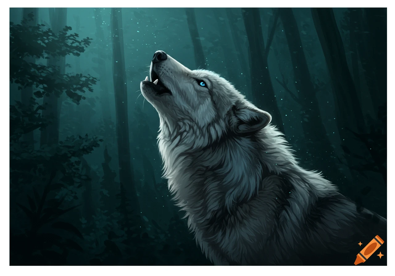 Digital painting of a wolf howling in a dark forest under moonlight.