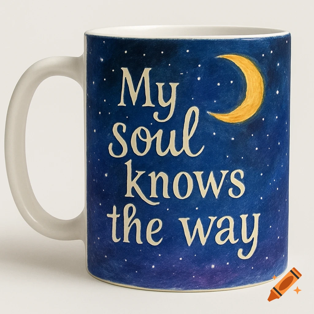 White mug with a starry night sky design, crescent moon, and text 'My soul knows the way'.