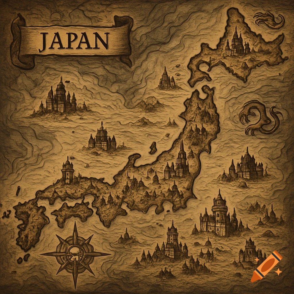 Fantasy map of Japan with castles, compass rose, and textured background in an old parchment style.