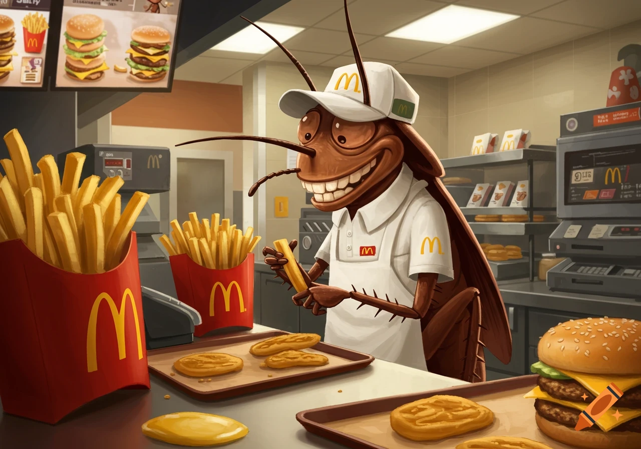Cartoon cockroach in McDonald's uniform behind counter with fries and burgers. Illustration style.