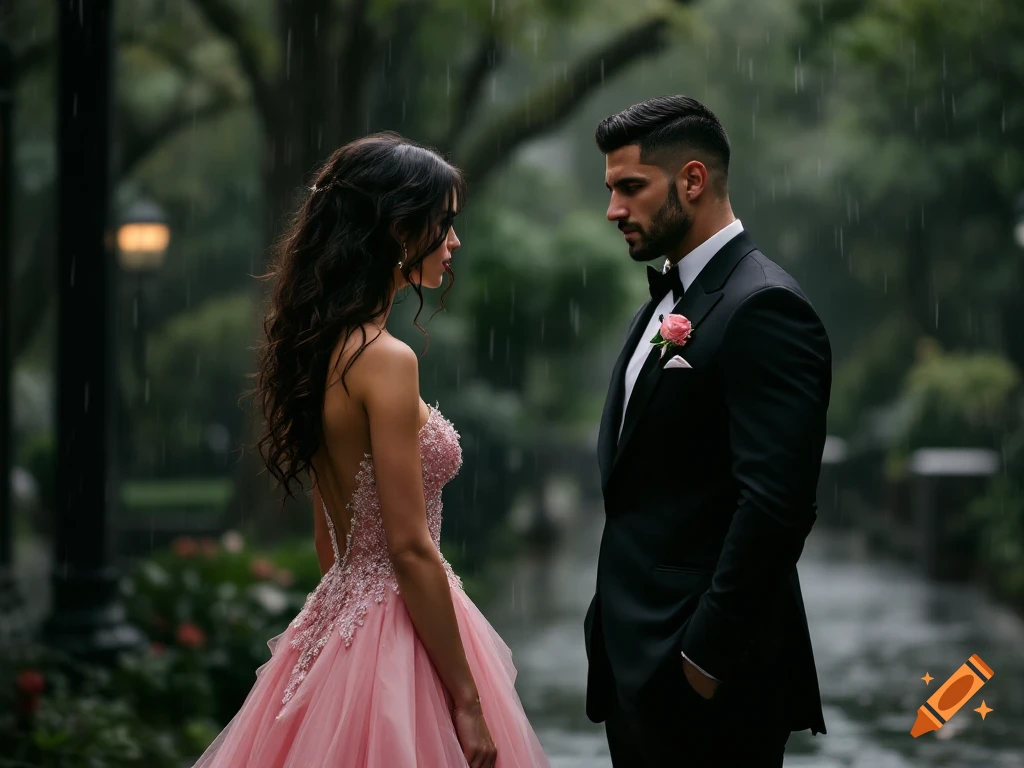 A couple in formal wear stands facing each other in the rain outside a building.
