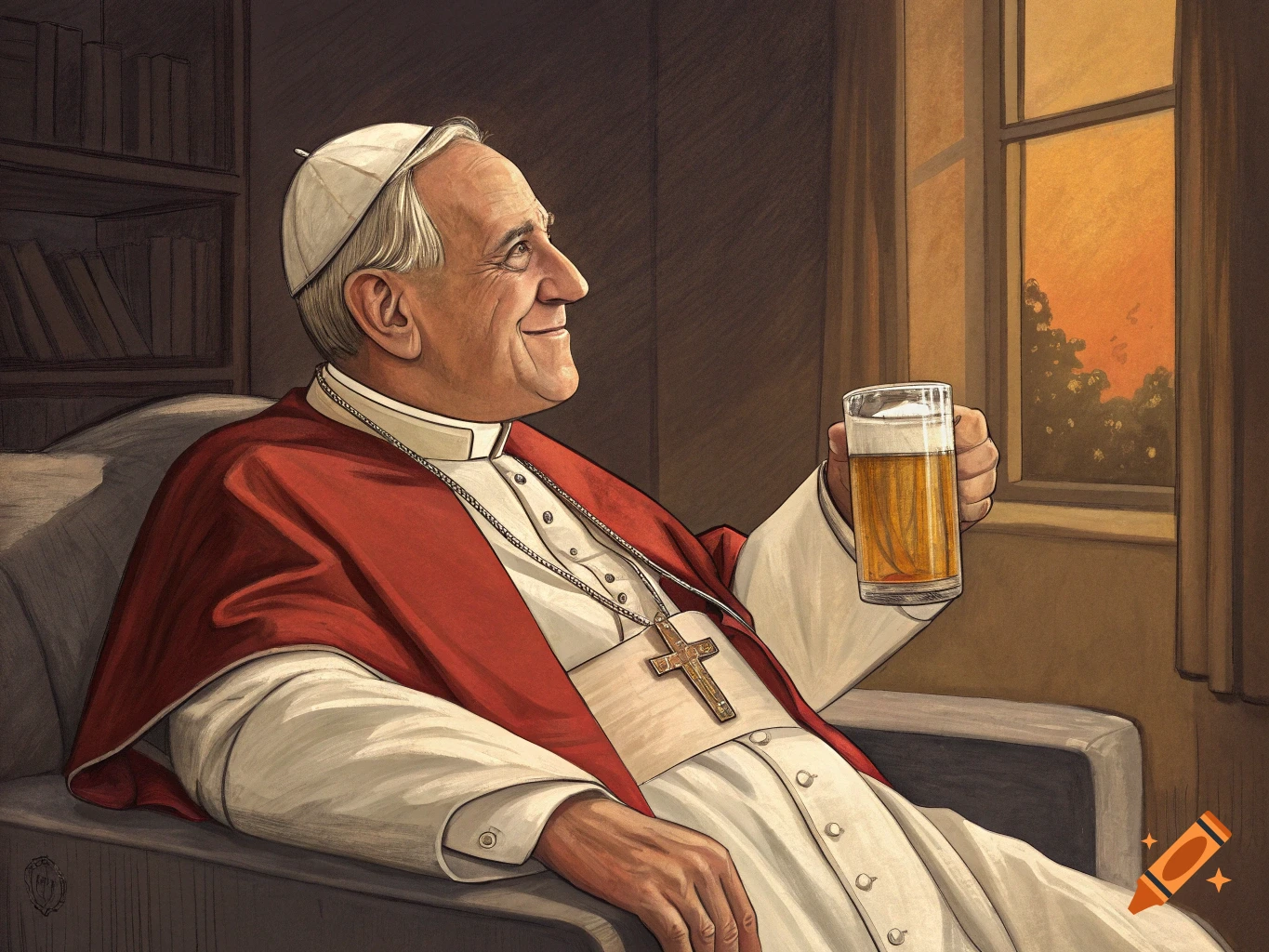 An illustration of a Pope sitting in a chair, smiling and holding a glass of beer, looking out a window.
