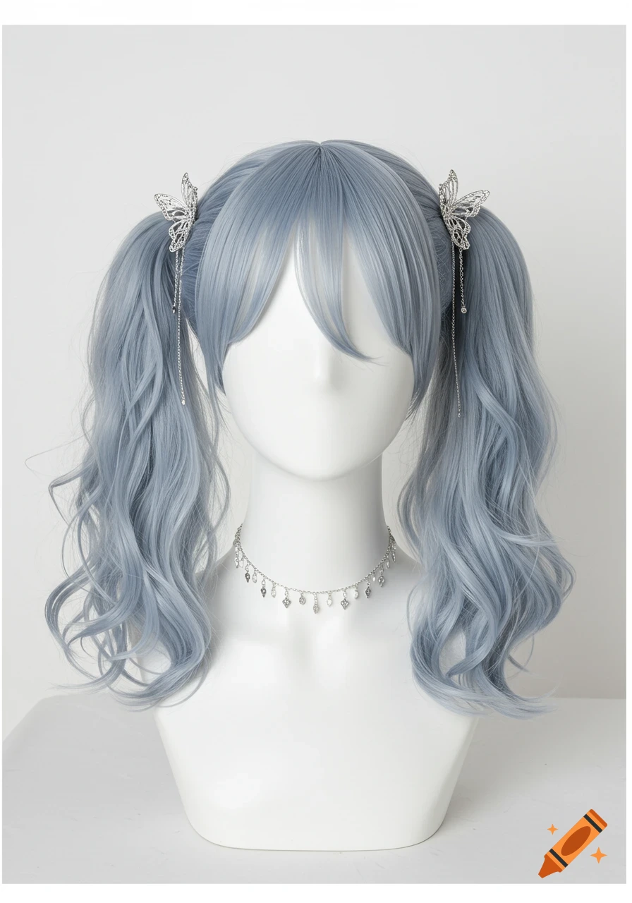 Blue pigtail wig with butterfly clips and necklace on a white mannequin.