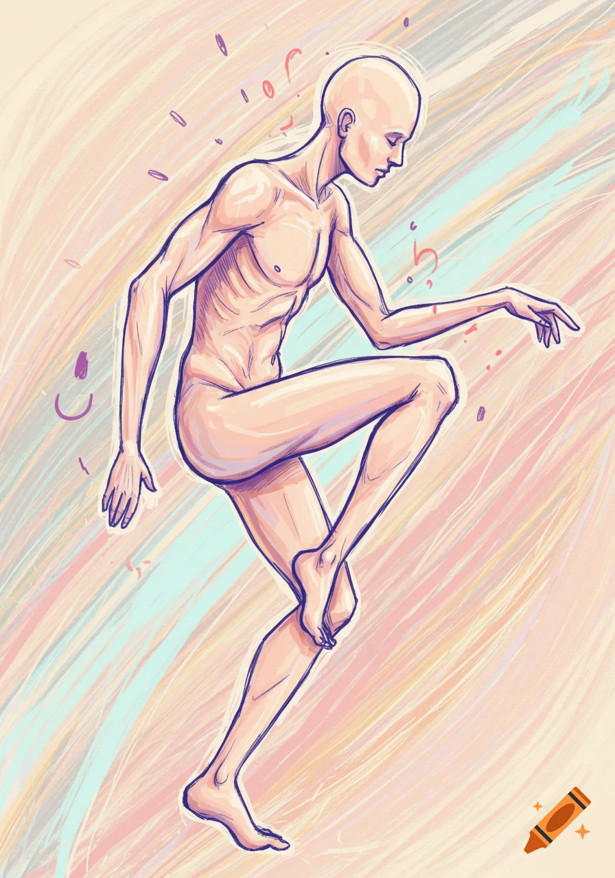 Nude figure sketch with swirling pastel background