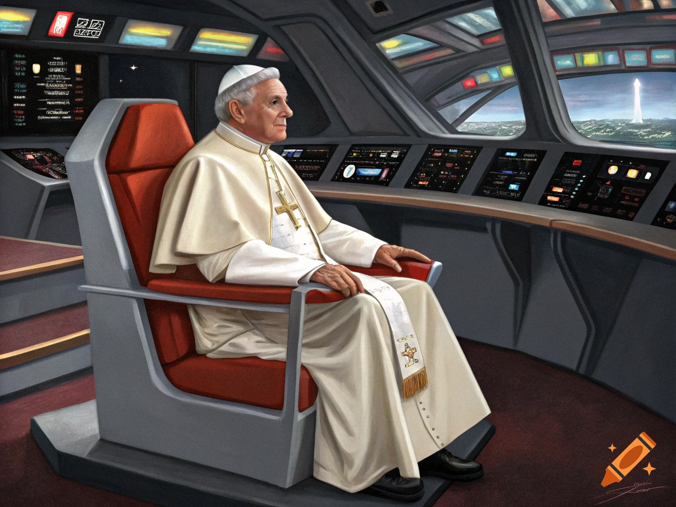 A Pope sits in the captain's chair of a spaceship cockpit with screens and controls.