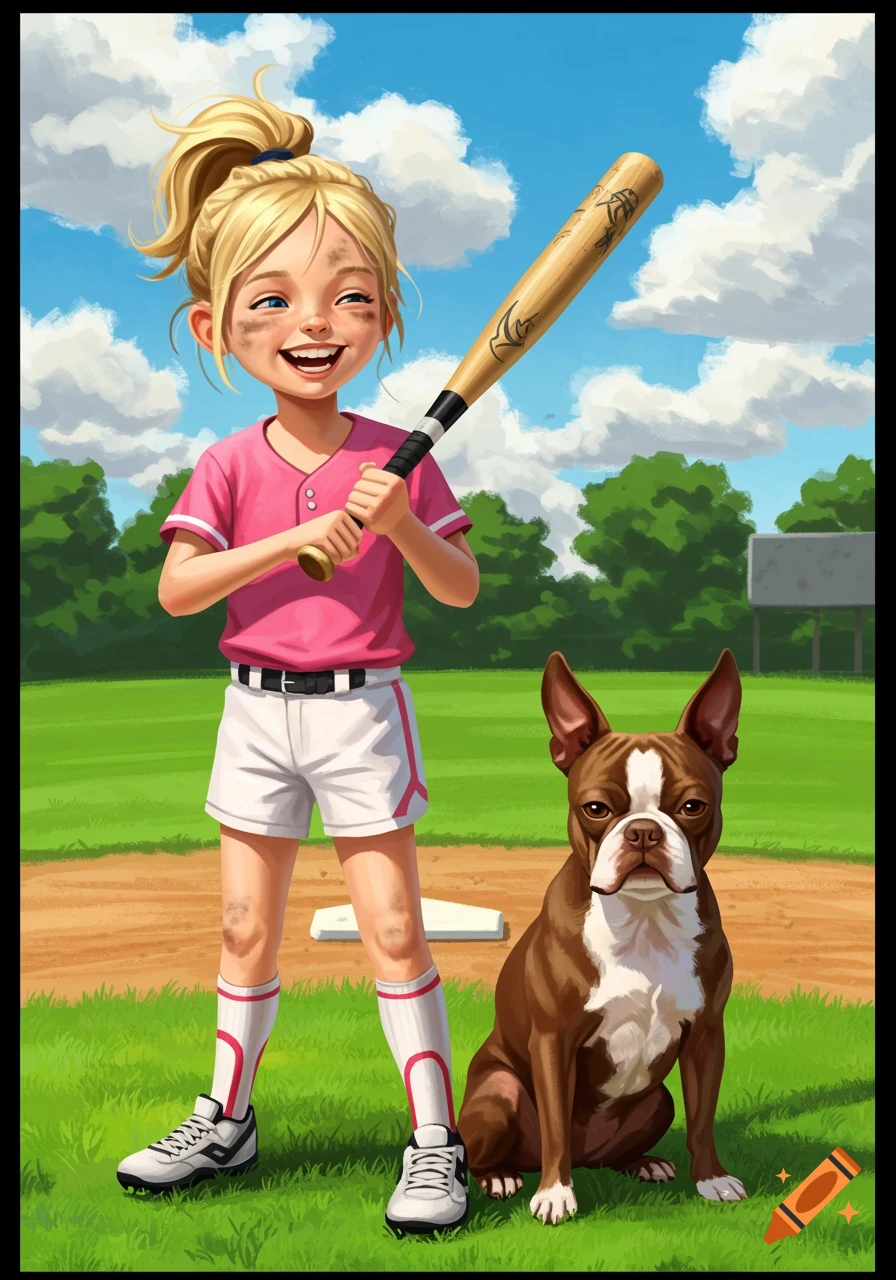 A blonde girl with a baseball bat and a Boston Terrier sit on a baseball field.