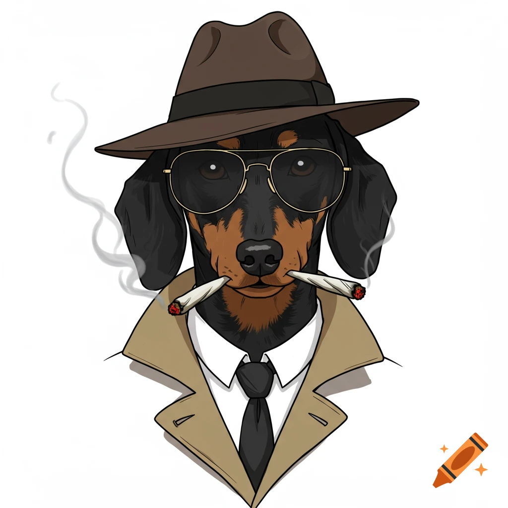 Digital illustration of a dachshund dog detective in a hat, sunglasses, trench coat, smoking.