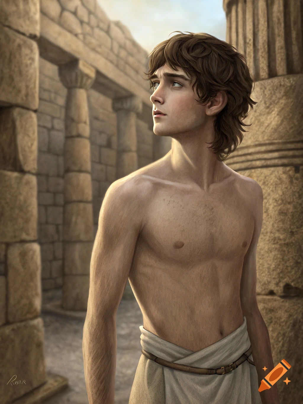 Portrait of a young man in ancient clothing standing in stone ruins.
