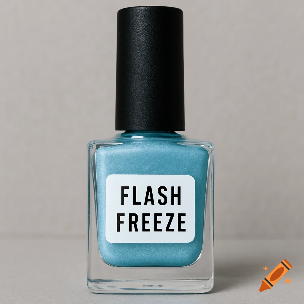 A bottle of blue nail polish with a label saying FLASH FREEZE