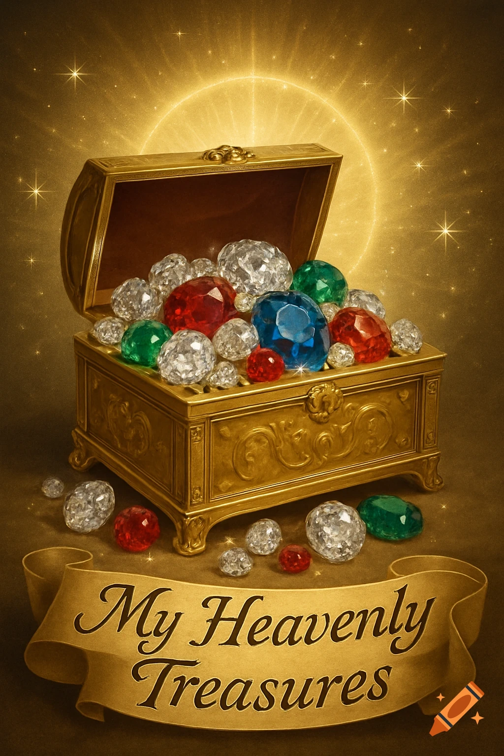 Golden treasure chest overflowing with bright gems on a starry golden background. Banner reads 'My Heavenly Treasures'.