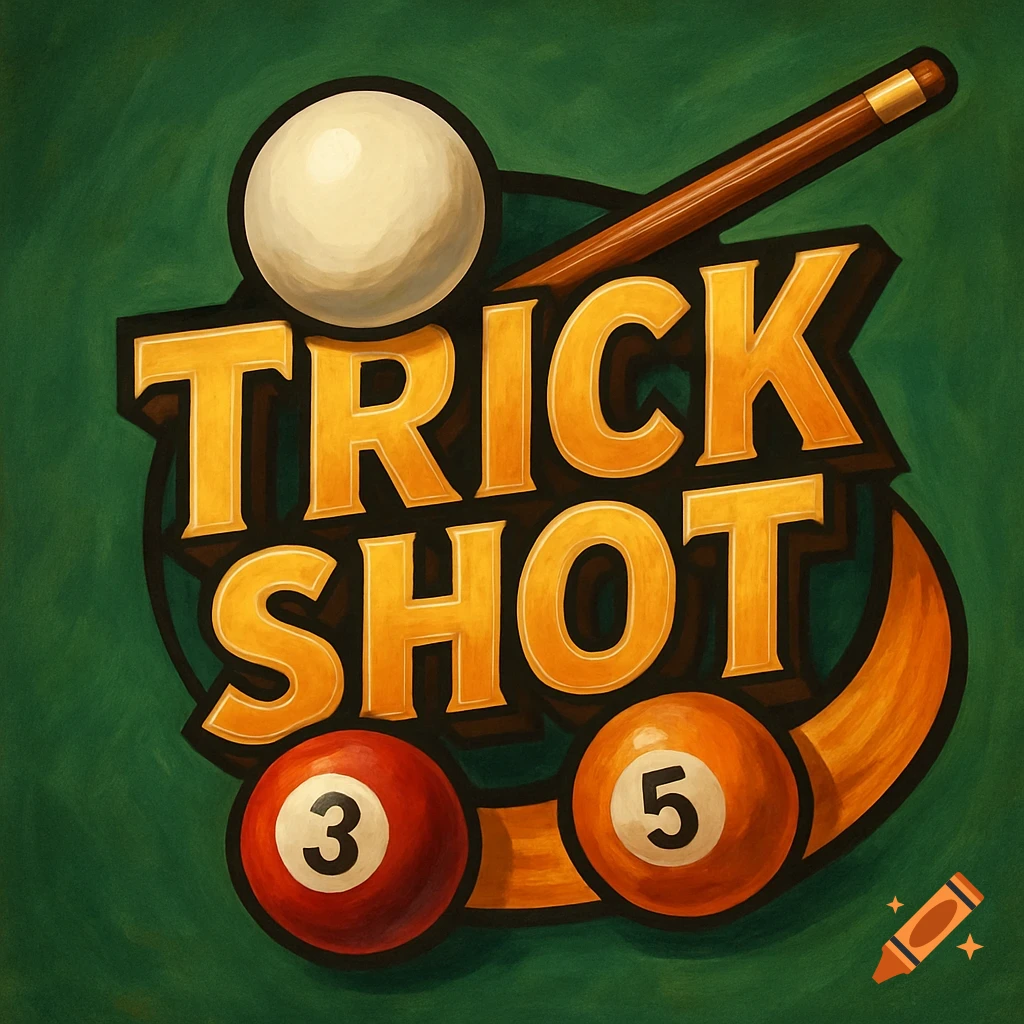 Stylized logo for Trick Shot with a cue ball, pool cue, and pool balls 3 and 5 on a green background.