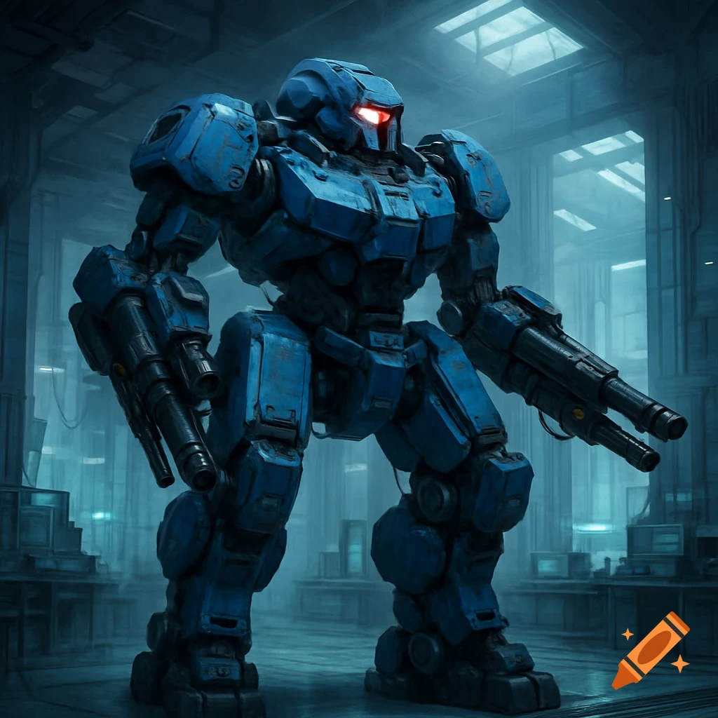 A blue war robot with guns stands in a futuristic science facility.