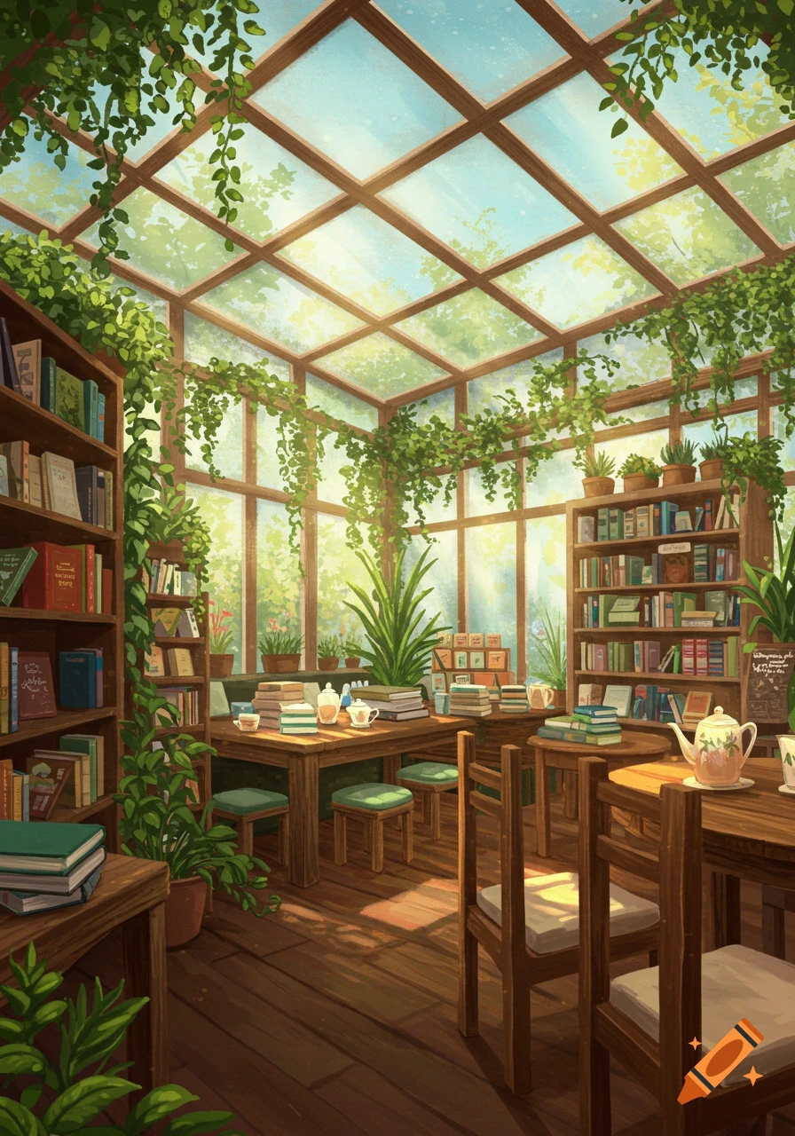Cozy bookshop cafe interior with plants, tables, and book-filled shelves under a glass greenhouse roof, digital painting style.