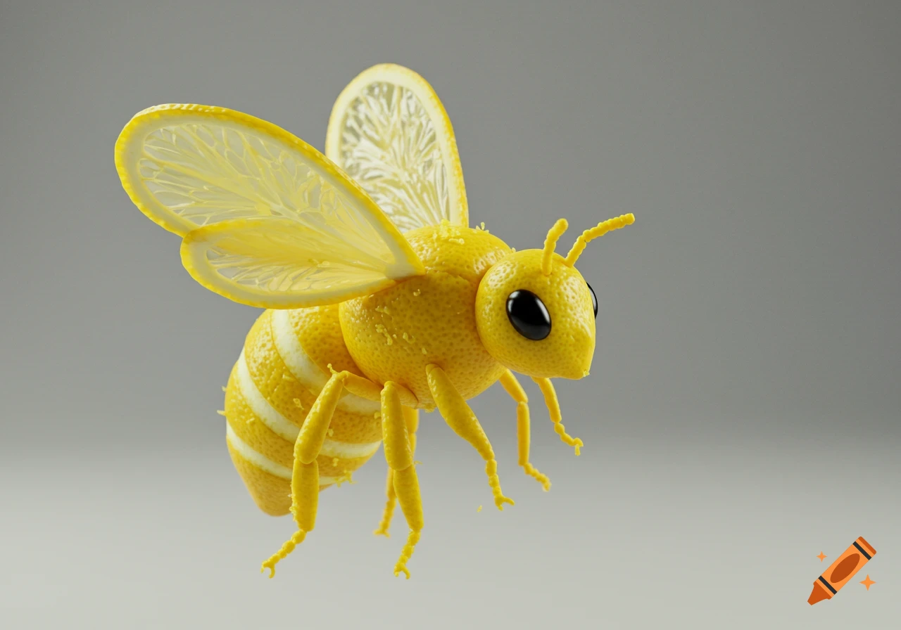 A photorealistic image of a bee made from lemons and lemon slices on a grey background.