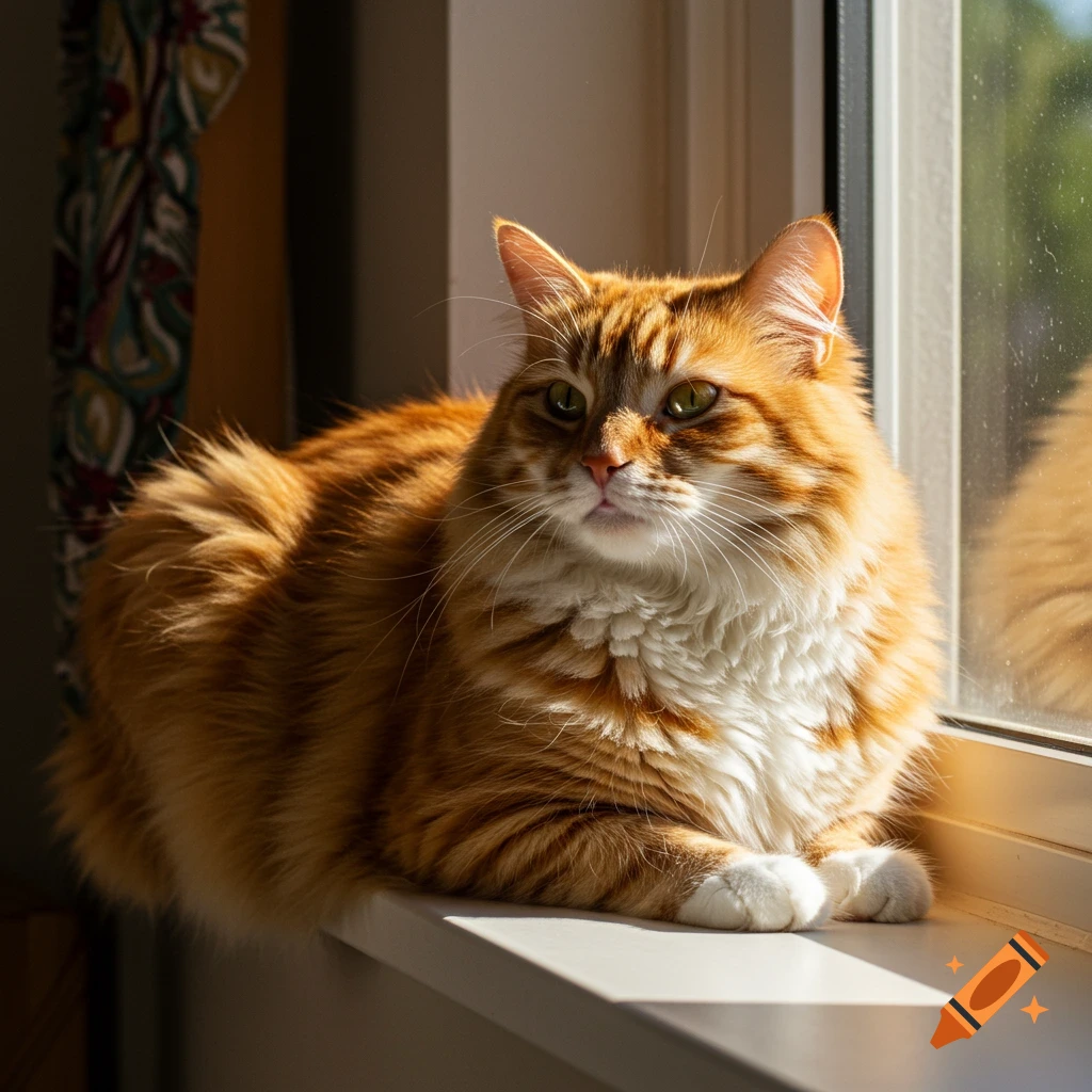 A fluffy orange tabby cat lounges on a sunlit windowsill ...