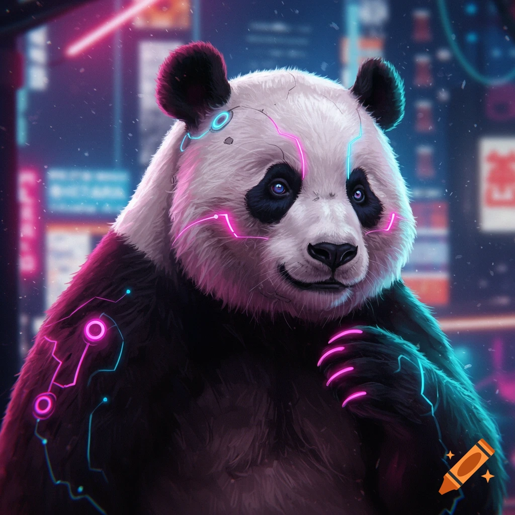 Close-up portrait of a cyberpunk panda with glowing neon circuitry against a futuristic city background.