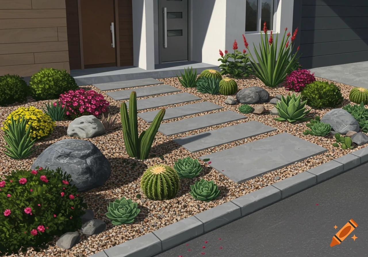 Front yard landscaping with gravel, stepping stones, rocks, succulents, cacti, and flowering bushes.