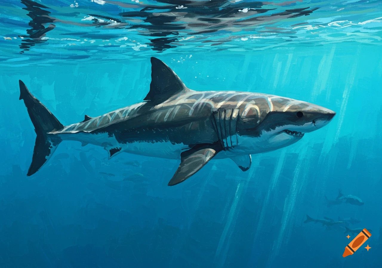 A great white shark swims underwater in a painting style with sun rays filtering through the surface.